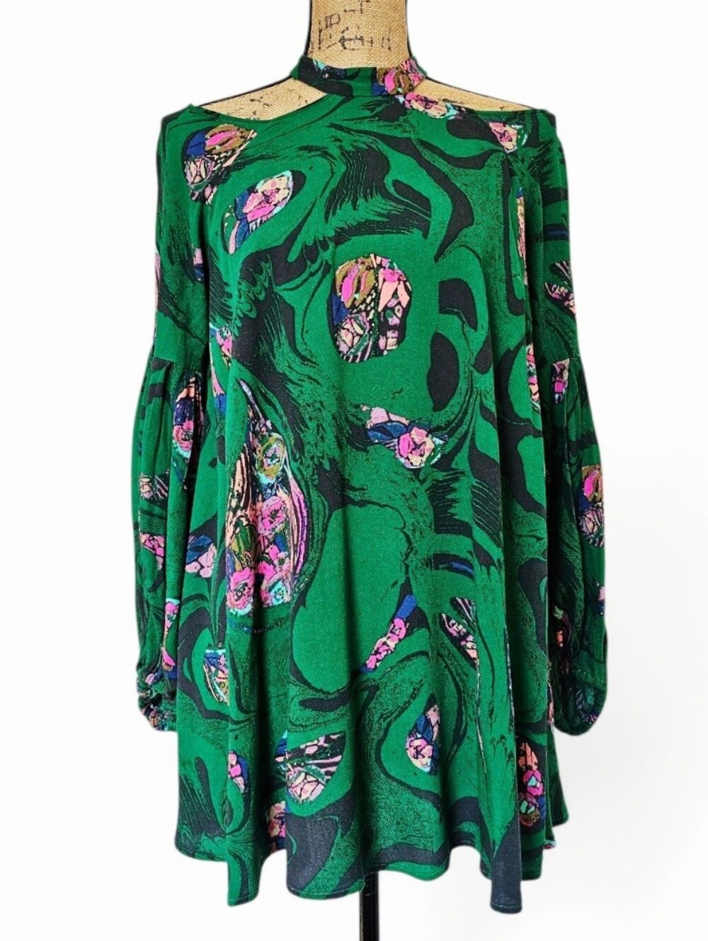 Free People Bohemian Drift Away Cold Shoulder Green  Floral Mini Tunic Dress, XS - Picture 2 of 9
